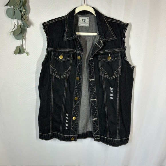 Men’s Denim Ripped Vest Trucker Biker Sleeveless Black Button Down Size Medium - Picture 1 of 10